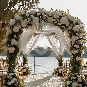 Lakeside elegance romantic wedding ceremony, white flowers, luxurious setup