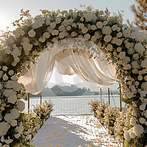 Lakeside elegance romantic wedding ceremony, white flowers, luxurious setup