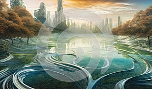 Lakeside Futuristic City with Layered Organic Forms Style - Generative AI