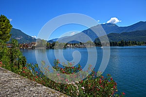 Lakeside gardasee with oleander bushes and mountain view, Rivat tourist destination