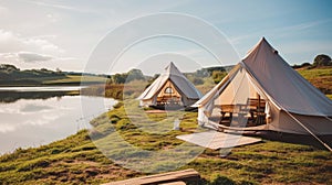 Lakeside glamping tents with wooden picnic tables photo