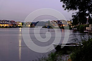 Lakeside holiday homes night scenery