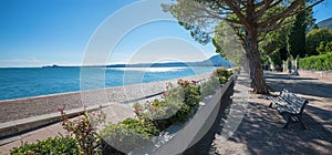 lakeside promenade Maderno, lake Gardasee, with bench and roses, italy tourist resort