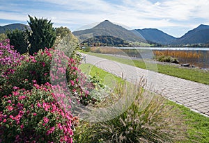 Lakeside promenade schliersee with colorful flowerbed