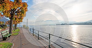 Lakeside promenade Traunsee, tourist resort Gmunden, autumn season Salzkammergut