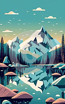 Lakeside reflection of a snow-capped mountain range. Illustration