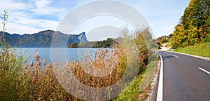 Lakeside road along lake Mondsee with mountain view and reed grass