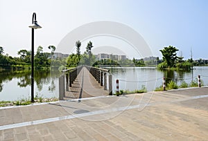 Lakeside streetlamp at fork of path and footbridge in sunny summer morning