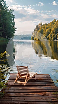 Lakeside tranquility Wooden pier with lounge chair amid the forest