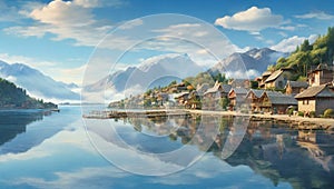 Lakeside village seemingly suspended on the reflection of the clear sky