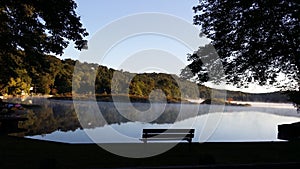 Lakeview morning bench reflection scenery