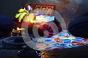 Lakshmi Pooja festival being celebrated at Indian home. Laxmi is also known as Goddess of wealth, picture for lakshmi puja. Diwali