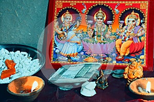 Lakshmi Pooja festival being celebrated at Indian home. Laxmi is also known as Goddess of wealth, picture for lakshmi puja. Diwali