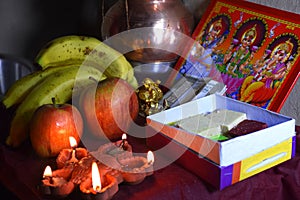 Lakshmi Pooja festival being celebrated at Indian home. Laxmi is also known as Goddess of wealth, picture for lakshmi puja. Diwali