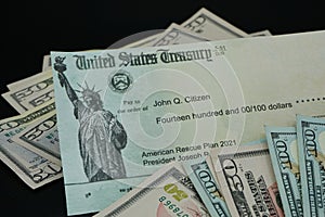 Lale Elsinore, CA - October 26, 2021: United States Treasury check with US currency.