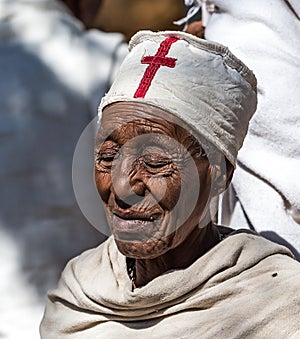 Lalibela, Ethiopia - Feb 13, 2020: Ethiopian people at the Bet Maryam Church, St. Mary Church in Lalibela, Ethiopia