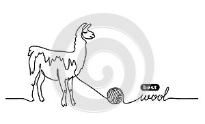 Lama best, finest wool. Vector label design, simple background. One continuous line drawing