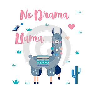 Lama card with cactus in vector with lettering quote- no drama llama.
