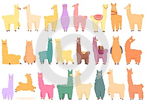 Lama icons set cartoon vector. Animal alpaca