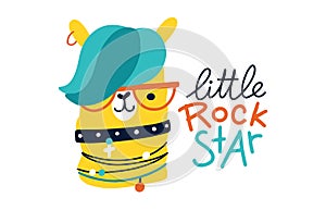 Lama rock card. Little rock star. Vector cartoon character. Illustration on a white background for children in the style