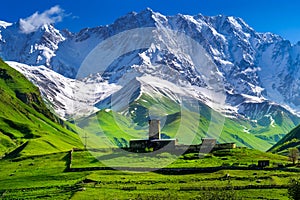 Lamaria Church Jgrag and Ushguli village at the foot of Mt. Shkhara,Upper Svaneti, Georgia