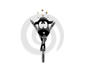 Lamb behind zipper, vector. Fun illustration. Funny cartoon character. Cute little sheep silhouette isolated on white background