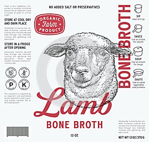 Lamb Bone Broth Label Template. Abstract Vector Food Packaging Design Layout. Modern Typography with Hand Drawn Sheepe