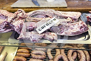 Lamb at a butchers ahop mith the spanish word for lamb, cordero photo