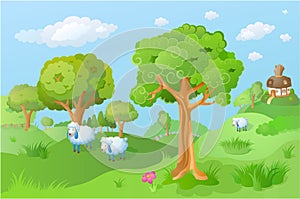 Lamb in the cartoon landscape