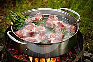lamb chops cooking in a dutch oven with a meat thermometer