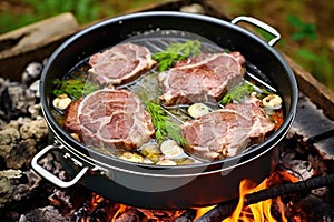 lamb chops cooking in a dutch oven with a meat thermometer