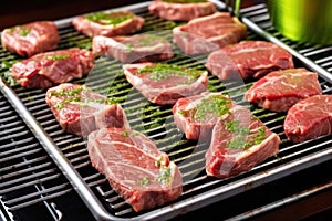 lamb chops probed for doneness on a flat iron grill