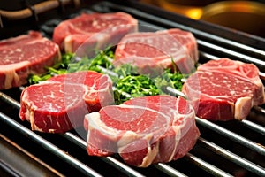 lamb chops probed for doneness on a flat iron grill