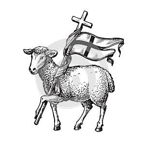 Lamb with Cross. Religion symbol. Sketch vector illustration