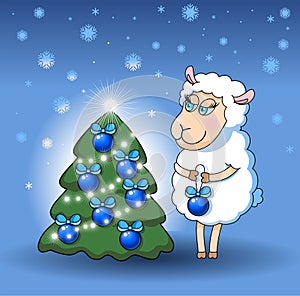 Lamb decorates a Christmas tree