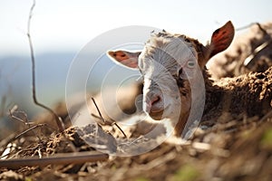 lamb with ear injury grazing on a sunny hillside