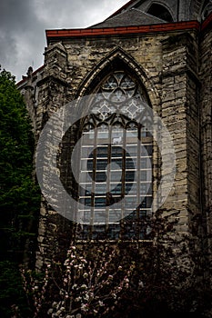 A lamb etced on the glass of the church of St.Nikolas in Ghent, Belgium, Europe