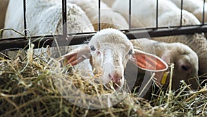 Lamb feeding on hay, agriculture industry, farming and husbandry concept