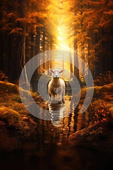 Lamb of God. Lamb in the autumn forest. Christian concept