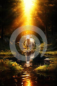 Lamb of God. Lamb in the forest at sunset. Christian concept