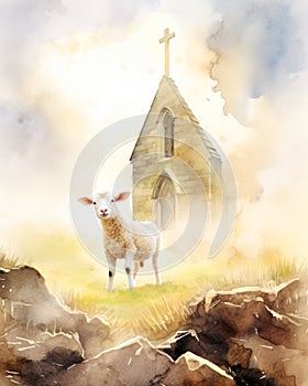 Lamb of God. Watercolor painting of a little lamb standing in front of a church