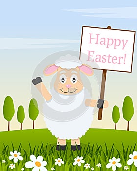 Lamb with Happy Easter Sign in a Meadow