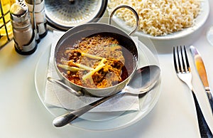 Lamb Karahi in large vessel. Indian cuisine