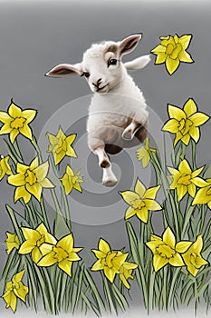 A lamb leaps amongst many daffodils, in a field in spring,