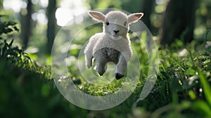 Cute Sheep Leaping Through Lush Green Meadow, Springtime Joy, Natural Beauty