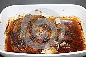 Lamb meat baked in the oven at low temperature