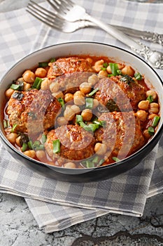 Lamb meatballs stewed with chickpeas in tomato-mint sauce close-up in a bowl. Vertical