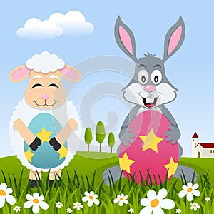 Lamb & Rabbit with Easter Eggs in Meadow