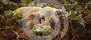 A lamb rests on the ground in a grassy field surrounded by natural landscape