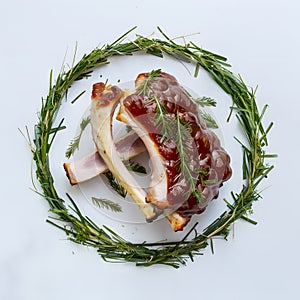 Lamb ribs and herbs isolated on white, culinary composition